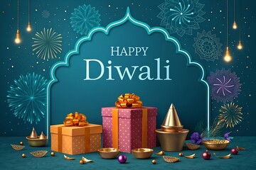 Diwali festival scene with glowing lamps flowers and decorative golden accents.