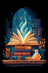 Mystical Open Book with Potion and Shelves in Fantasy Library Setting