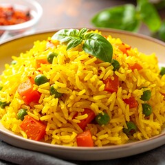 Plate of colorful, fluffy rice with veggies and fresh herb garnish
