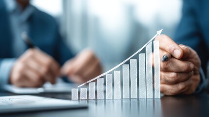 A hand holding a pen, pointing to a graph with rising bars on a table, with another person in the background.