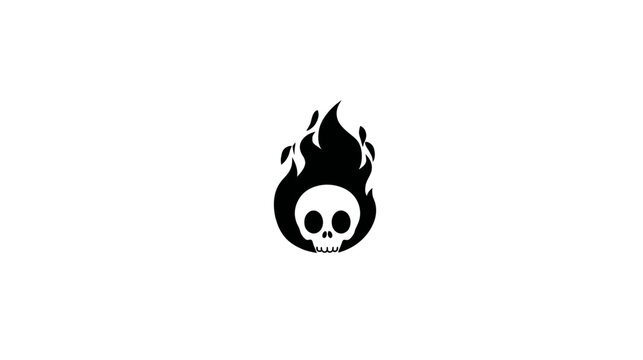 Silhouette of skull encircled by flames on a white background