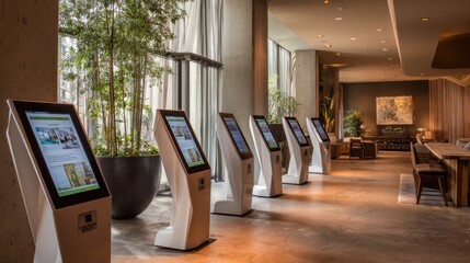 Visitors explore interactive kiosks in a contemporary hotel lobby filled with natural light.