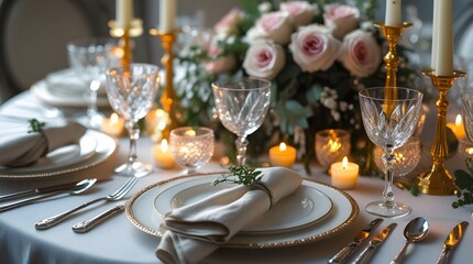 Elegant Dinner Table Setting with Floral Centerpiece and Golden Candlesticks