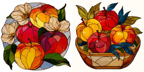 Stained glass design featuring colorful apples and blossoms in a basket  