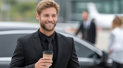 A young man in a suit holds a coffee cup, standing confidently near a private jet, ready for travel and business