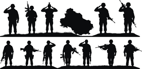 Military tribute, soldier silhouettes, national honor, armed forces, saluting troops, war memorial, patriotic respect, rifle salute, remembrance ceremony, veterans day