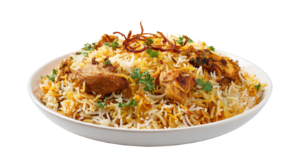 Chicken Biryani in White Bowl isolated on a transparent background 1