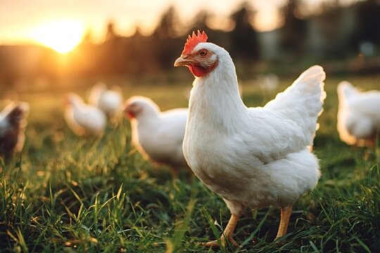 White hen grazing on lush green pasture with other free range chickens at golden hour, showcasing organic, sustainable farming, animal welfare and peaceful rural life