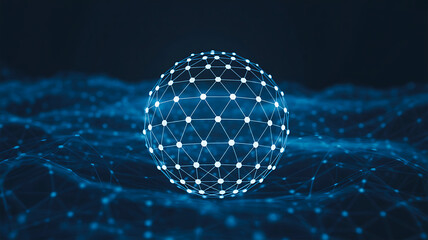 Blue glowing digital sphere made of connected points representing network technology concept
