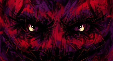 Intense gaze with glowing eyes in dark red and purple hues for a mysterious or mystical concept with a touch of drama and power