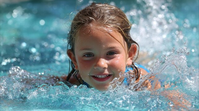 A young girl smiles while swimming and creating splashes in a sunny pool.