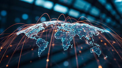 Digital global world map with glowing data network connections representing worldwide communication
