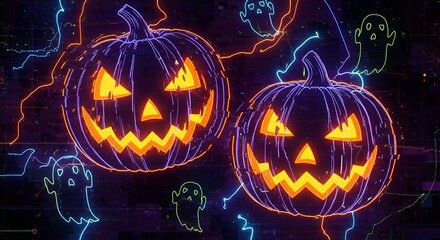 Vibrant Halloween pumpkins and cute ghosts glowing with neon outlines for your spooky season designs and digital promotions