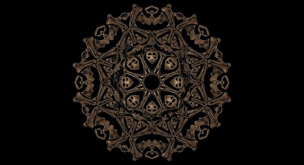 Eerie bronze mandala featuring bats, skulls and bones on black, perfect for Halloween themed designs and spooky artwork, gothic themed projects