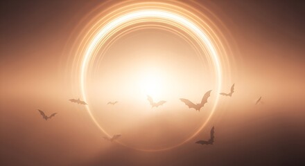 Mystical Halloween night with bats flying through eerie golden light portal, creating magical spooky atmosphere for festive designs