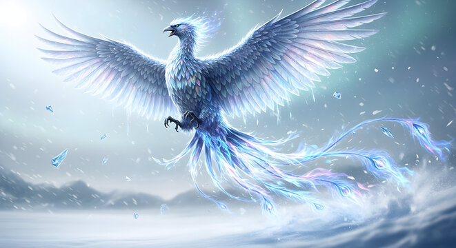 Majestic ice phoenix with outstretched wings digital painting of a mythical bird fantasy illustration in a winter landscape