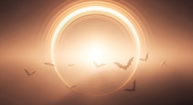 Mystical Halloween night with bats flying through eerie golden light portal, creating magical spooky atmosphere for festive designs