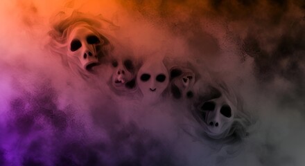 Eerie spectral figures emerging through misty haze in a haunting ethereal scene perfect for Halloween or horror themed designs