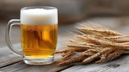 A refreshing glass of golden amber beer sits on a rustic wooden table surrounded by grains and greenery, evoking a cozy atmosphere
