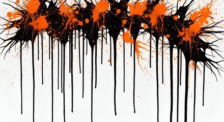 Dramatic black paint drips with vibrant orange splashes create a striking abstract design with modern artistic flair perfect for backgrounds