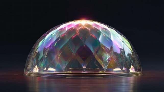 A colorful, geometrically patterned glass dome with a reflective surface, emitting a rainbow of colors under a spotlight, set against a dark background.