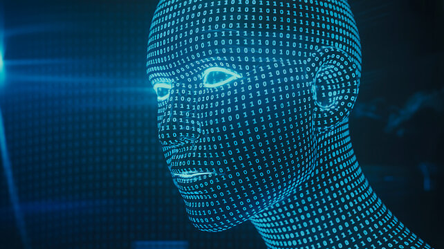 Digital human face made of glowing binary code representing artificial intelligence concept
