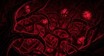 Vibrant red forest with glowing orbs evokes fantasy and mystery, perfect for dark fantasy book covers and spooky Halloween designs