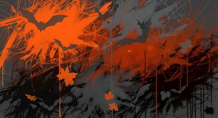 Spooky Halloween vibe with bats and falling leaves in orange and gray creating a chilling atmosphere for holiday designs and seasonal content.