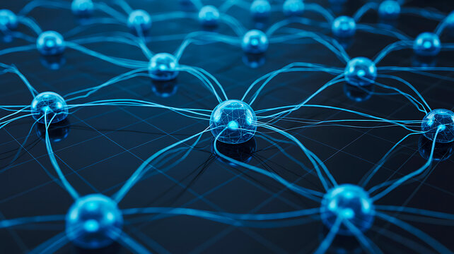 Futuristic blue network of connected spheres representing neural connections and data flow
