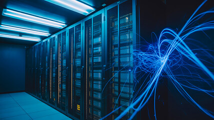 Modern server room with glowing blue data streams and technology network

