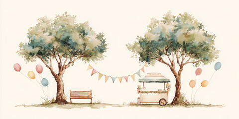Whimsical Garden Party: Trees, Cart & Bench