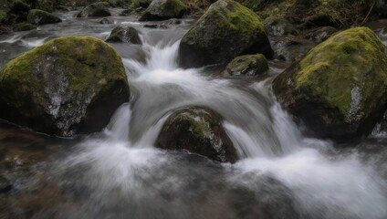 Fototapeta premium Rushing water cascades over mossy rocks, creating a blurred effect, in a serene natural setting