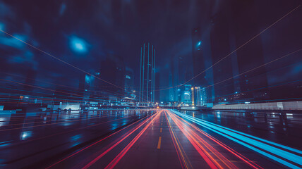 Futuristic city with light trails showing speed and motion at night
