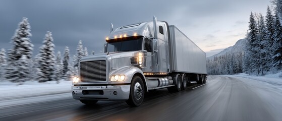 Silver truck navigates a snow-covered road lined with tall conifer trees in a serene winter landscape