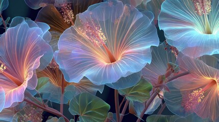 A vibrant, abstract digital artwork featuring a cluster of large, colorful flowers with intricate, glowing patterns and vibrant hues, set against a dark, almost black background.