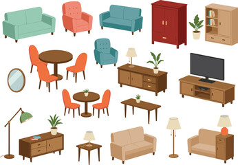 Isometric illustration of modern living room furniture set with sofas, chairs, tables, cabinets, plants, lamps, and home interior decoration