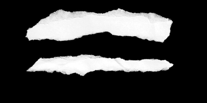Set of Two Torn Paper Strips on Black Background, Realistic Ripped Paper Texture Overlay for Digital Design, Poster, or Scrapbook Art