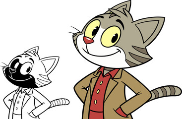 A cartoon cat with gray fur big yellow eyes