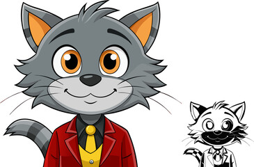 Cartoon Cat Head  in Red Jacket on Transparent Background