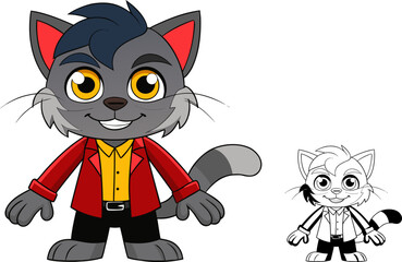 A cartoon cute cat with gray fur big yellow eyes