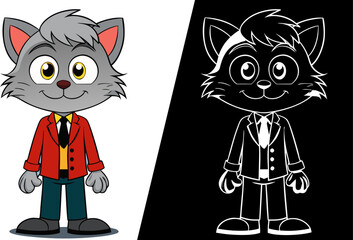 Cartoon Cat in Red Jacket on Transparent Background Illustrator Artwork