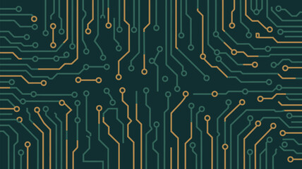 An illustration of a circuit board with gold and teal lines on a dark teal background pattern design