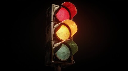 Traffic signal illuminated against a dark background showing red yellow and green lights