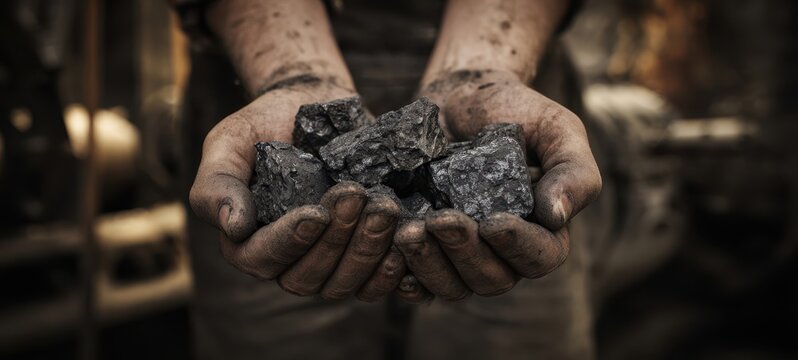 The Coal in Dirty Hands: Close-Up of Raw Fuel Held by Worker - Powered by Adobe