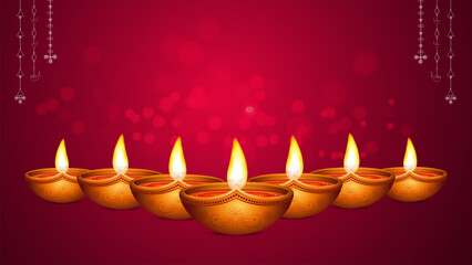 Happy Diwali Celebration with Glowing Oil Lamps