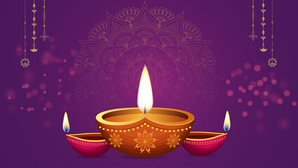 Happy Diwali Festival Background with Decorative Oil Lamps