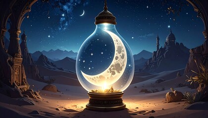 Night scene featuring a crescent moon encased in a decorative glass vessel