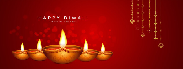 Happy Diwali Festival Background with Decorative Oil Lamps