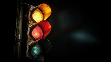 Traffic signal with illuminated red and yellow lights against black