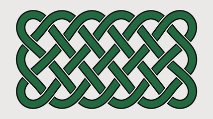 A green celtic knot pattern with interwoven lines creating a symmetrical and repeating design on white